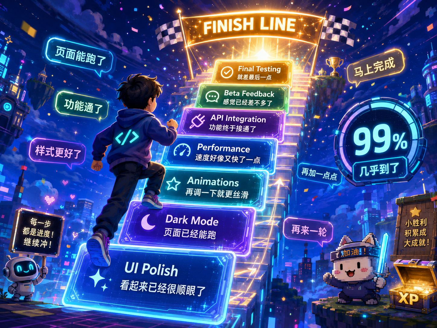 开发者沿着发光进度阶梯奔向终点线,旁边显示 99% 进度