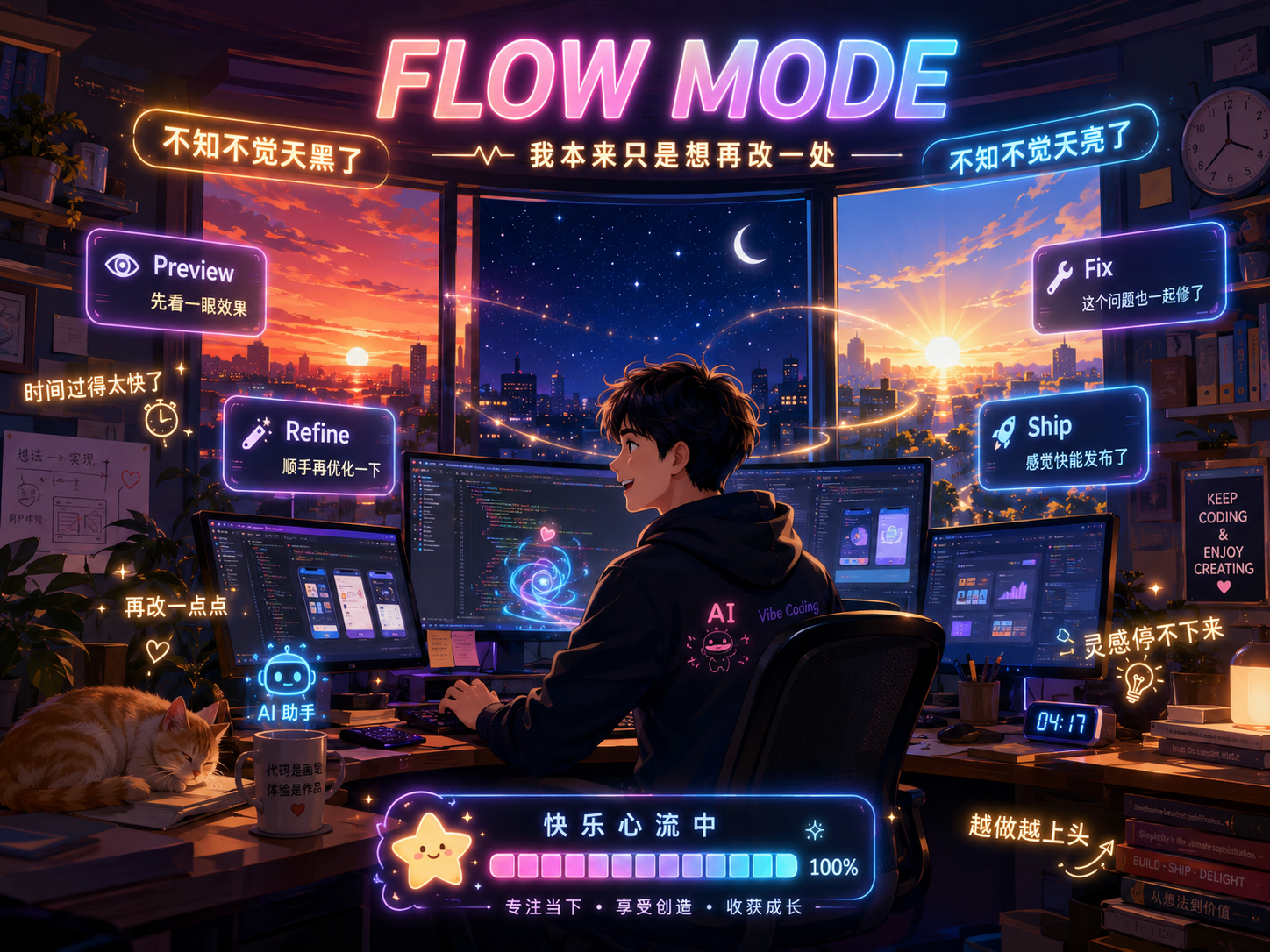 Flow Mode:开发者沉浸在编程心流中,窗外从日落到夜晚再到日出