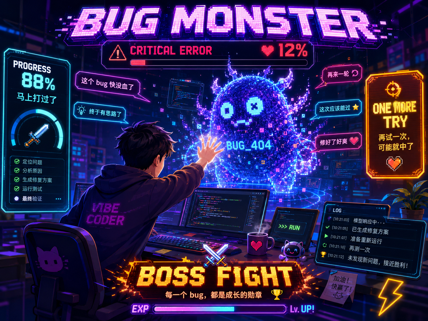 AI 编程中的 bug 被画成游戏 Boss,进度 88%,Boss 血量 12%