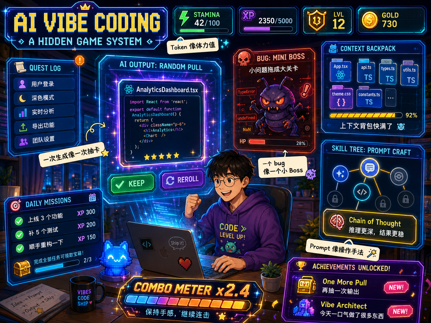 AI Vibe Coding 被画成隐藏游戏系统,包含任务、体力、背包、技能树、成就等面板